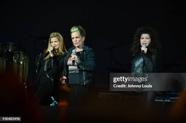 Ann Curless, Gioia Bruno and Jeanette Jurado of Expose perform during the Freestyle concert at Watsco Center on March 10, 2018 in Coral Gables,...