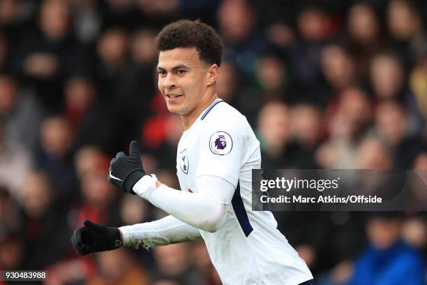 Dele Alli of Tottenham Hotspur celebrates scoring their 1st goal during the Premier League match between AFC Bournemouth and Tottenham Hotspur at...