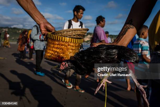 Man holds a chicken after being thrown by Hindu devotees as an offering as they pray during the Melasti ritual ceremony at Parangkusumo beach on...