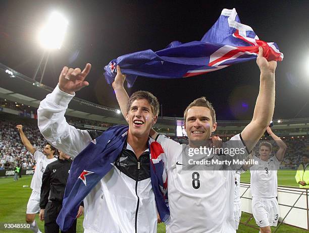 Andy Boyens and Tim Brown of the All Whites celebrate winning the 2010 FIFA World Cup Asian Qualifier match between New Zealand and Bahrain at...