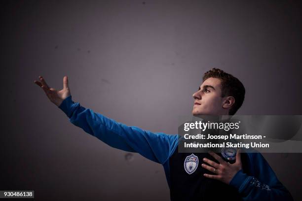 Matteo Rizzo of Italy warms up for the Gala Exhibition during the World Junior Figure Skating Championships at Arena Armeec on March 11, 2018 in...