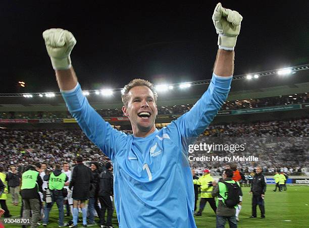 Mark Paston of the All Whites celebrates winning the 2010 FIFA World Cup Asian Qualifier match between New Zealand and Bahrain at Westpac Stadium on...