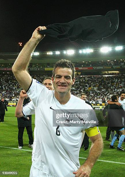 Ryan Nelsen captain of the All Whites celebrates their win during the 2010 FIFA World Cup Asian Qualifier match between New Zealand and Bahrain at...