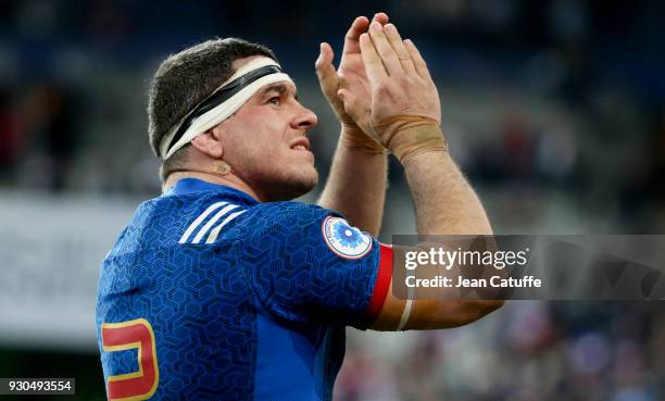 Guilhem Guirado of France celebrates the victory following the NatWest 6 Nations Crunch match between France and England at Stade de France on March...