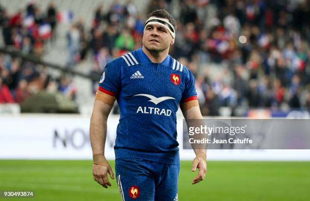 Guilhem Guirado of France celebrates the victory following the NatWest 6 Nations Crunch match between France and England at Stade de France on March...