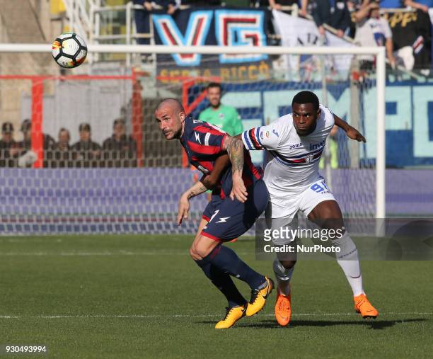 Duvan Zapata of Sampdoria competes for the ball during the serie A match between FC Crotone and UC Sampdoria at Stadio Comunale Ezio Scida on March...