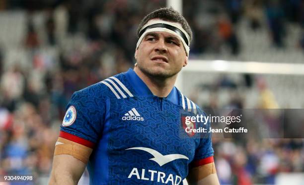 Guilhem Guirado of France celebrates the victory following the NatWest 6 Nations Crunch match between France and England at Stade de France on March...