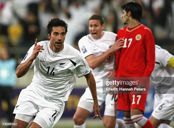 Rory Fallon of the All Whites celebrates scoring during the FIFA World Cup Asian Qualifier match between New Zealand and Bahrain at Westpac Stadium...