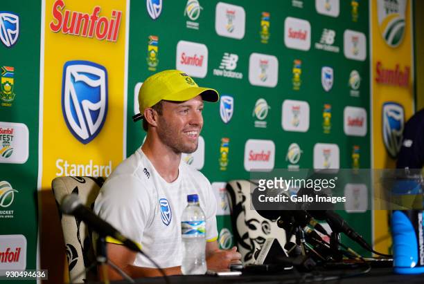 De Villiers of South Africa after day 3 of the 2nd Sunfoil Test match between South Africa and Australia at St Georges Park on March 11, 2018 in Port...