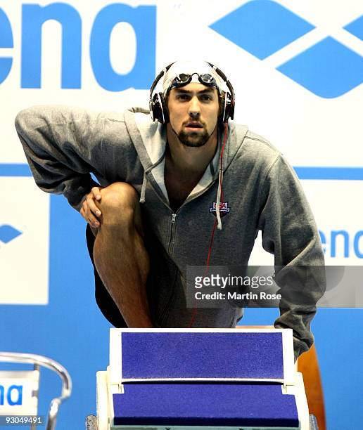 Michael Phelps of USA is seen before the men's 200m butterfly during day one of the FINA/ARENA Swimming World Cup on November 14, 2009 in Berlin,...