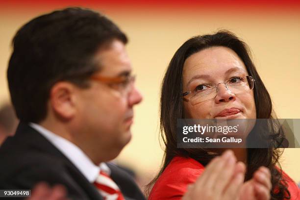 Newly elected Chairman of the German Social Democratic Party Sigmar Gabriel and newly elected SPD General Secretary Andrea Nahles attend the SPD...