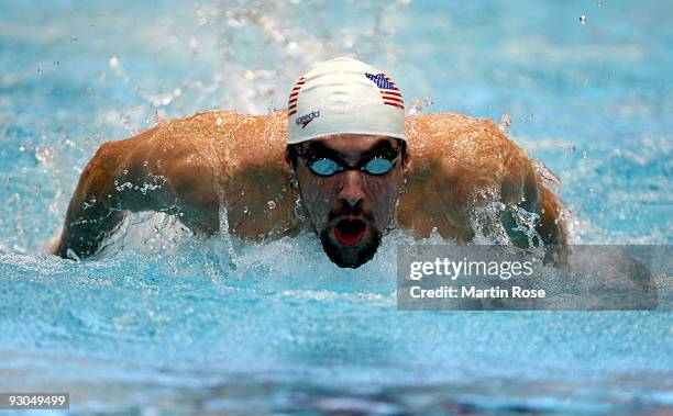Michael Phelps of USA is seen in action during the men's 200m butterfly during day one of the FINA/ARENA Swimming World Cup on November 14, 2009 in...