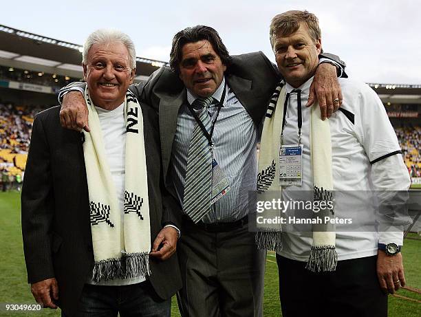 John Adshead, Kevin Fallon and Frank van Hattum of the winning 1982 All Whites squad gather before the FIFA World Cup Asian Qualifier match between...