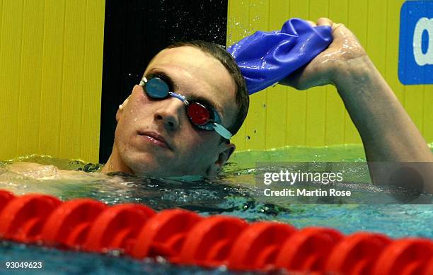 Paul Biedermann of Germany reacts after the men's 400 m freestyle during day one of the FINA/ARENA Swimming World Cup on November 14, 2009 in Berlin,...