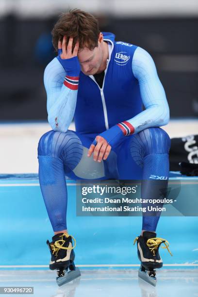 Sverre Lunde Pedersen of Norway looks dejected after he competes in the 10000m Mens race during the World Allround Speed Skating Championships at the...