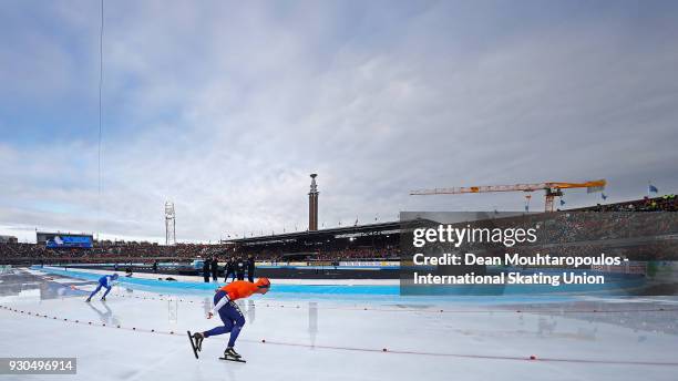 Sven Kramer of the Netherlands competes in the 10000m Mens race during the World Allround Speed Skating Championships at the Olympic Stadium on March...