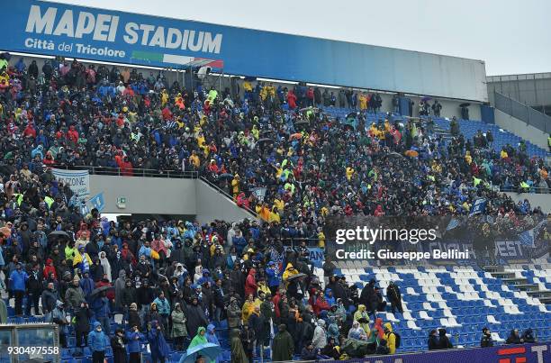 Fans of Spal during the serie A match between US Sassuolo and Spal at Mapei Stadium - Citta' del Tricolore on March 11, 2018 in Reggio nell'Emilia,...