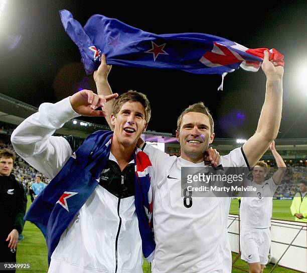 Tim Brown and Andrew Boyens of the All Whites celebrates their win during the 2010 FIFA World Cup Asian Qualifier match between New Zealand and...