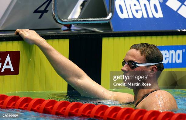 Paul Biedermann of Germany reacts after the men's 400 m freestyle during day one of the FINA/ARENA Swimming World Cup on November 14, 2009 in Berlin,...