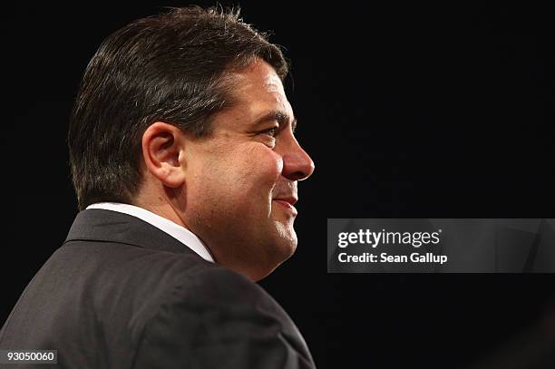 Newly elected Chairman of the German Social Democratic Party Sigmar Gabriel speaks to the media at the SPD party congress on its second day November...