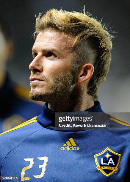 David Beckham of the Los Angeles Galaxy with a new haircut against Houston Dynamo during the MLS Western Conference Championship soccer match at The...
