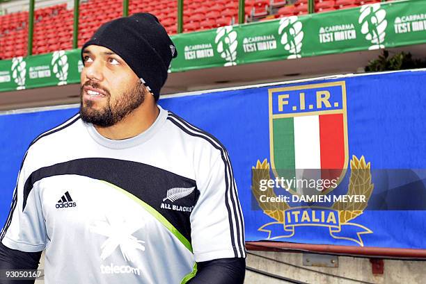 New Zealand's prop John Afoa looks on as he takes part in a training session at San Siro Stadium in Milan, on November 13, 2009 on the eve on the...