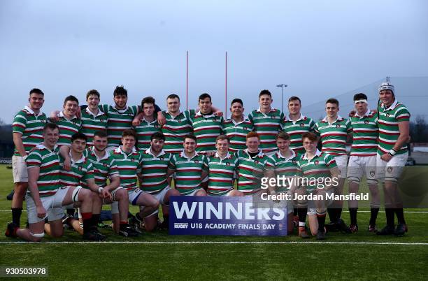 The of Leicester Tigers U18 team pose for a photo after the Premiership Rugby U18s Academy Final between Leicester Tigers U18 and Gloucester Rugby...