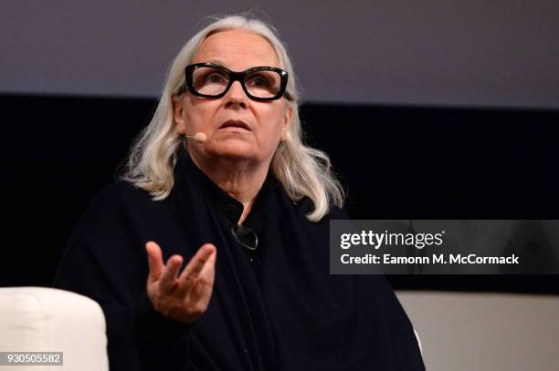 Photographer Brigitte Lacombe speaks on stage during the Qumra Talks: On Photography on day three of Qumra, the fourth edition of the industry event...