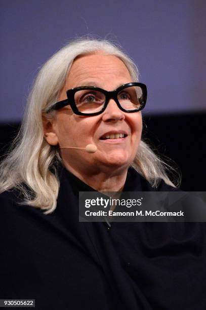 Photographer Brigitte Lacombe speaks on stage during the Qumra Talks: On Photography on day three of Qumra, the fourth edition of the industry event...