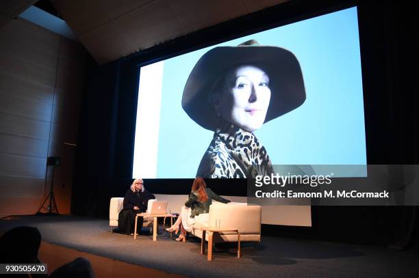 General view as Photgrapher Brigitte Lacombe speaks on stage during Qumra Talks: On Photography with her sister Marian Lacombe and moderator Emma...