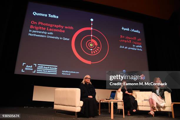 General view as Photgrapher Brigitte Lacombe speaks on stage during Qumra Talks: On Photography with her sister Marian Lacombe and moderator Emma...