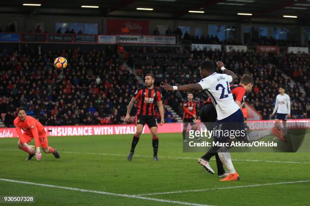 Serge Aurier of Tottenham Hotspur' scores their 4th goal during the Premier League match between AFC Bournemouth and Tottenham Hotspur at Vitality...