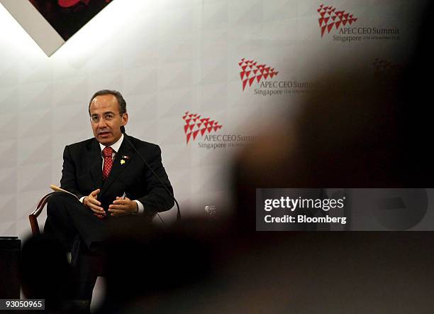 Felipe Calderon, Mexico's president, speaks in a session of the Asia-Pacific Economic Cooperation CEO Summit 2009, in Singapore, on Saturday, Nov....