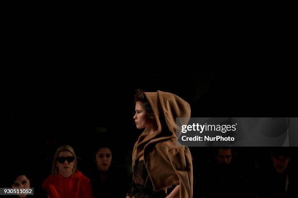 Model presents a creation from the Portuguese fashion designer David Ferreira Fall / Winter 2018 - 2019 collection during the Lisbon Fashion Week -...