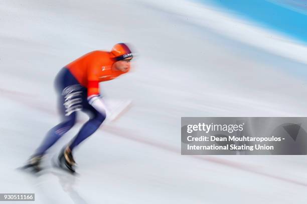 Sven Kramer of the Netherlands competes in the 10000m Mens race during the World Allround Speed Skating Championships at the Olympic Stadium on March...