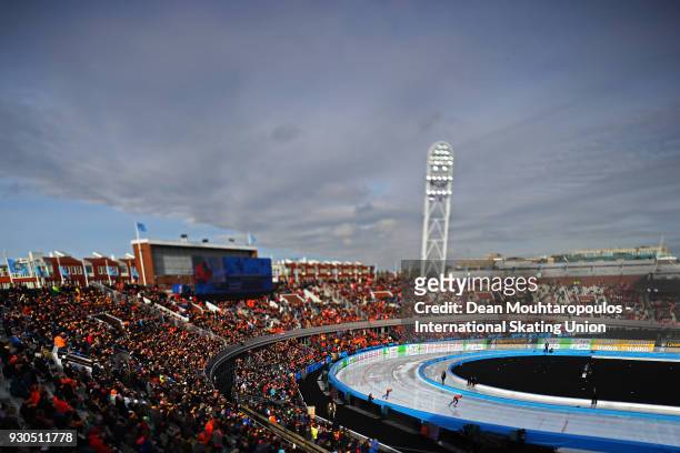 Marcel Bosker and Patrick Roest of the Netherlands compete in the 10000m Mens race during the World Allround Speed Skating Championships at the...