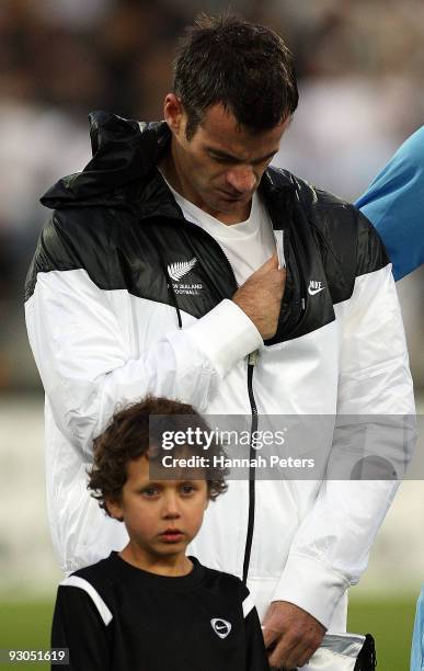 Ryan Nelsen of the All Whites listens to the national anthem before the FIFA World Cup Asian Qualifing match between New Zealand and Bahrain at...