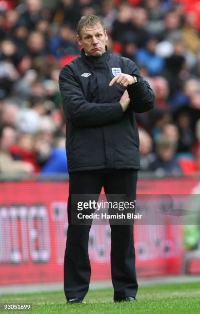 England Under-21 Manager Stuart Pearce gives instructions during the UEFA Under-21 Championship Group 9 Qualifying match between England and Portugal...