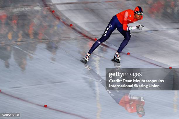 Patrick Roest of the Netherlands competes in the 10000m Mens race during the World Allround Speed Skating Championships at the Olympic Stadium on...