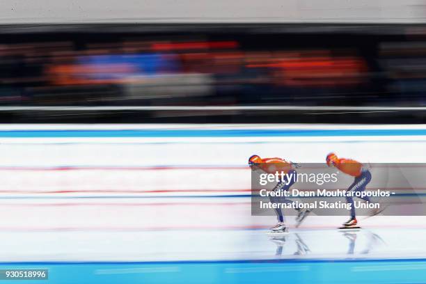 Marcel Bosker and Patrick Roest of the Netherlands compete in the 10000m Mens race during the World Allround Speed Skating Championships at the...