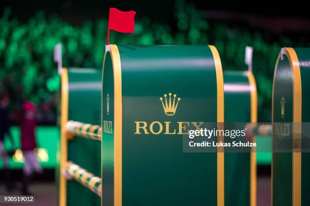 The logo of Rolex is seen on a jump during the The Dutch Masters: Rolex Grand Slam of Showjumping at Brabanthallen on March 11, 2018 in...