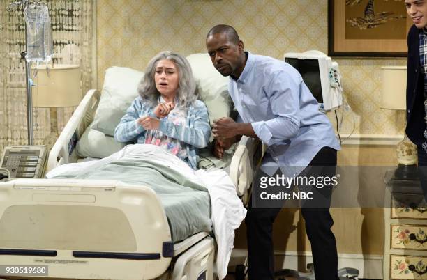 Episode 1740 "Sterling K. Brown" -- Pictured: Melissa Villaseñor as Mrs. Gomez, Sterling K. Brown as Michael, during "Dying Mrs. Gomez" in Studio 8H...