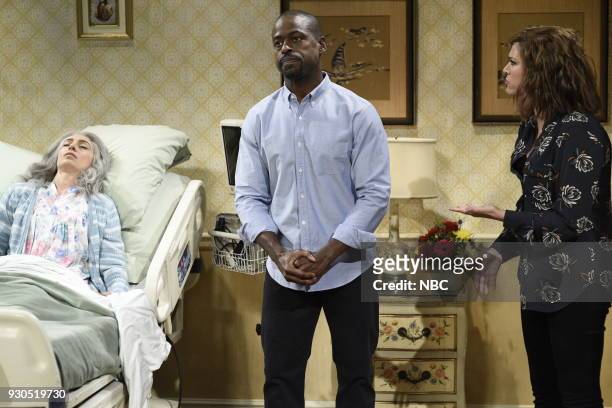 Episode 1740 "Sterling K. Brown" -- Pictured: Melissa Villaseñor as Mrs. Gomez, Sterling K. Brown as Michael, Cecily Strong as Monica, during "Dying...