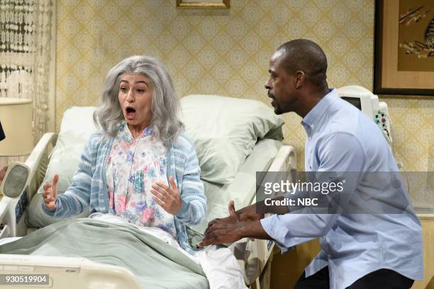 Episode 1740 "Sterling K. Brown" -- Pictured: Melissa Villaseñor as Mrs. Gomez, Sterling K. Brown as Michael, during "Dying Mrs. Gomez" in Studio 8H...