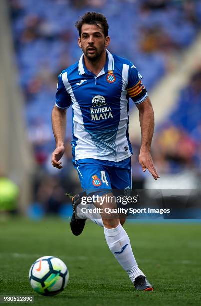 Victor Sanchez of Espanyol runs with the ball during the La Liga match between Espanyol and Real Sociedad at Estadio de Cornella-El Prat on March 11,...