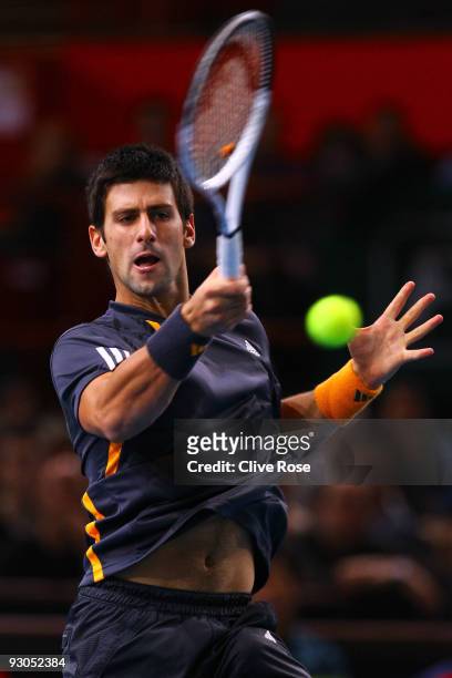 Novak Djokovic of Serbia in action during his semi-final match against Rafael Nadal of Spain during the ATP Masters Series at the Palais Omnisports...