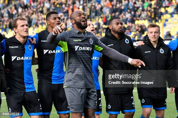 Kenneth Vermeer of Club Brugge celebrates the victory during the Belgium Pro League match between Sint Truiden v Club Brugge at the Stayen on March...