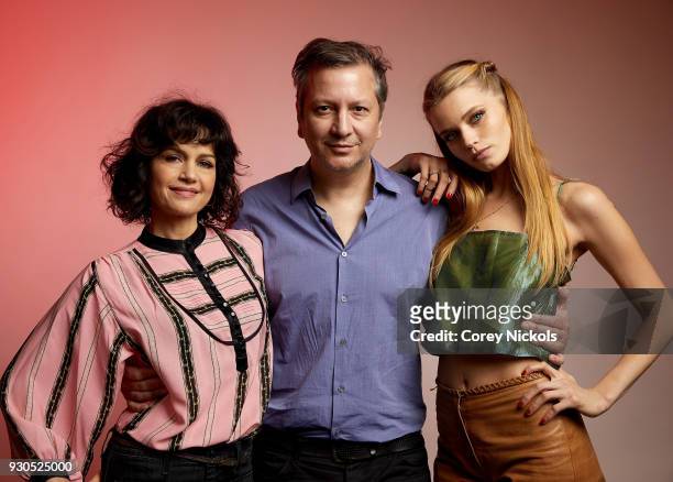 Carla Gugino, Sebastian Gutierrez and Abbey Lee Kershaw from the film "Elizabeth Harvest" poses for a portrait in the Getty Images Portrait Studio...