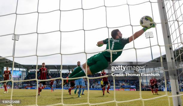 Goalkeeper Oliver Schnitzler of Halle in action during the 3. Liga match between Chemnitzer FC and Hallescher FC at community4you ARENA on March 11,...