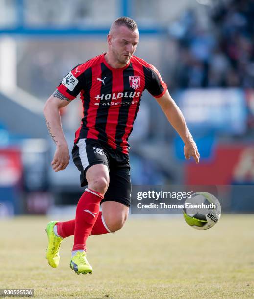 Toni Lindenhahn of Halle plays the ball during the 3. Liga match between Chemnitzer FC and Hallescher FC at community4you ARENA on March 11, 2018 in...